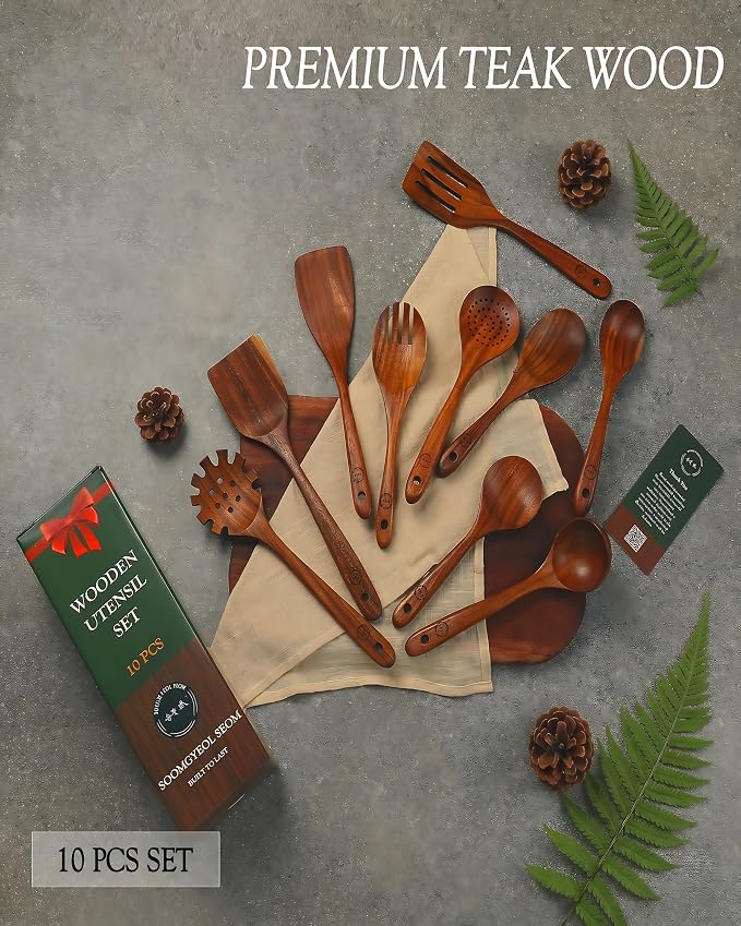 10-Piece Natural Teak Wood Utensil Set - Image 2