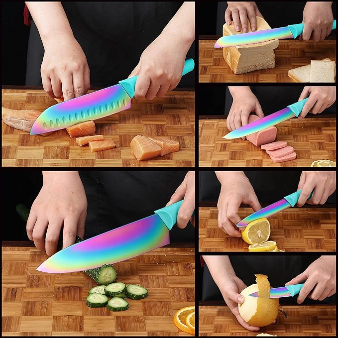 Marco Almond Kitchen Knife Set, KYA37 12-Piece Rainbow Titanium Stainless Steel - Image 6