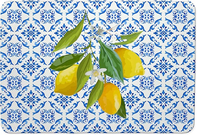 Blue and White Floral Lemon Dish Drying Mat, Mediterranean Tiles Coffee Bar Mat by Unknown