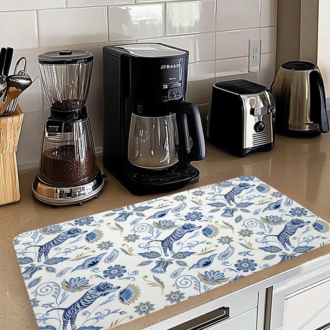 Blue and White Floral Tiger Dish Drying Mat, Chinoiserie Tiger Coffee Bar Mat - Image 2