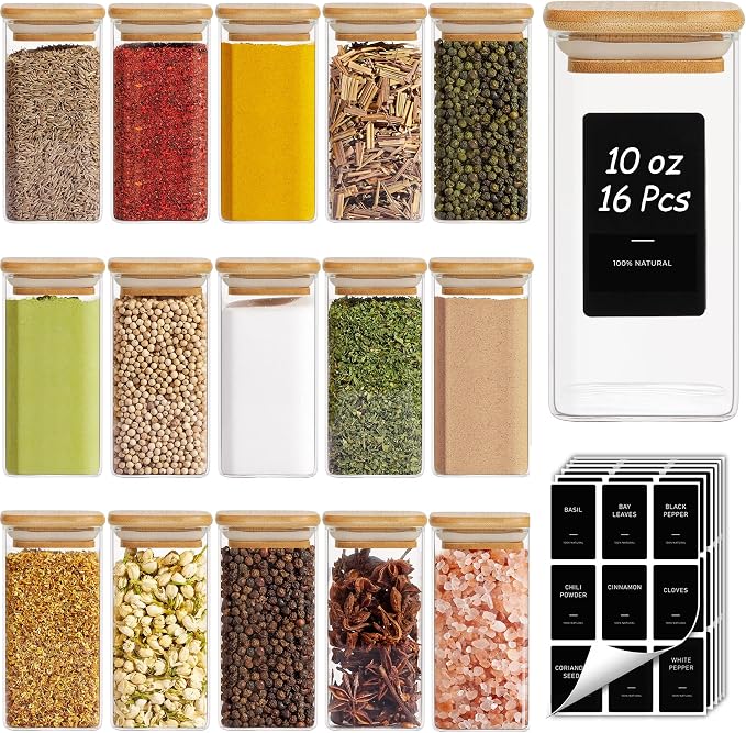 ComSaf 16Pcs Spice Jars with Labels, Glass Jar witj Bamboo Lid, 10oz Airtight by ComSaf