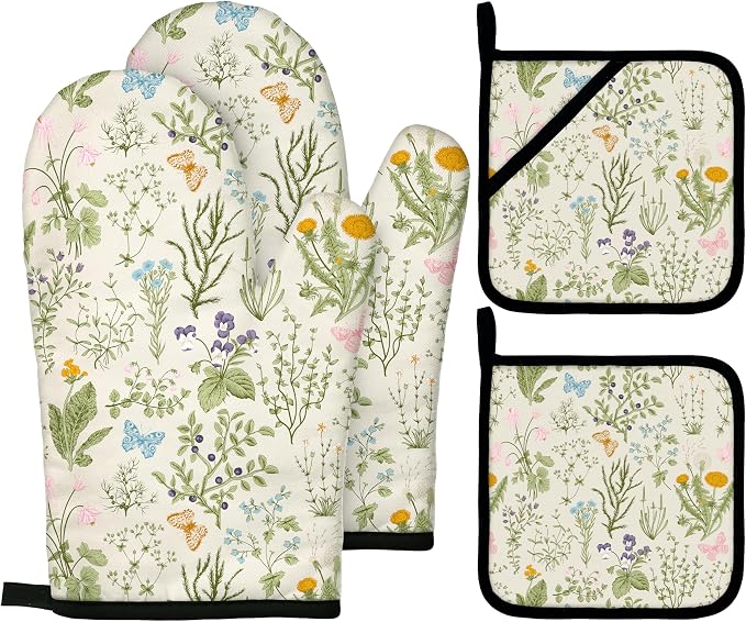 Vintage Wild Floral Oven Mitts and Pot Holders Sets Green Botanical Butterfly by Imvertu