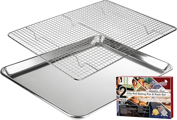 KITCHENATICS Aluminum Jelly Roll Pan 15x10 and Stainless Steel Rack Set by KITCHENATICS