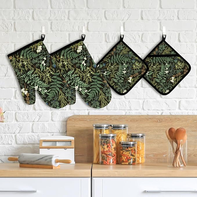 Botanical Print Floral Oven Mitts and Pot Holders Sets Black Sage Green Leaves - Image 6