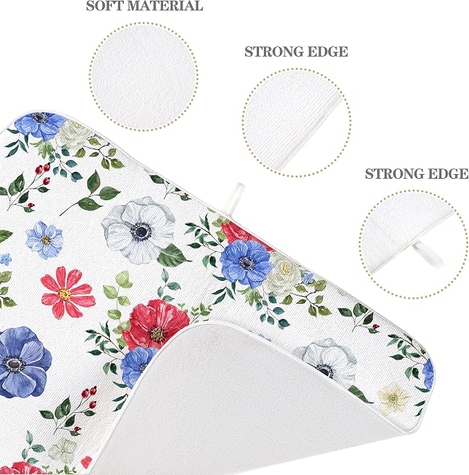 Blue Red Floral Dish Drying Mats 18x24 Inch Independence Day Flower Drying Mats - Image 7
