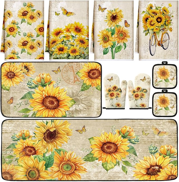 Fourluoo 10 Pcs Sunflower Kitchen Dish Towels Rugs Oven Mitts and Pot Holders by Fourluoo