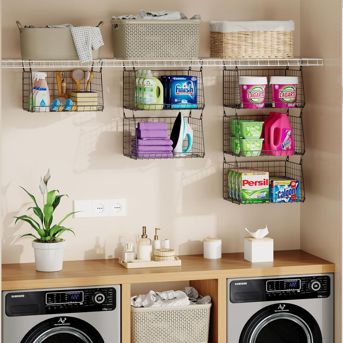 3-Pack Hanging Laundry Room Organizaton:Foldable Laundry Basket Wire
