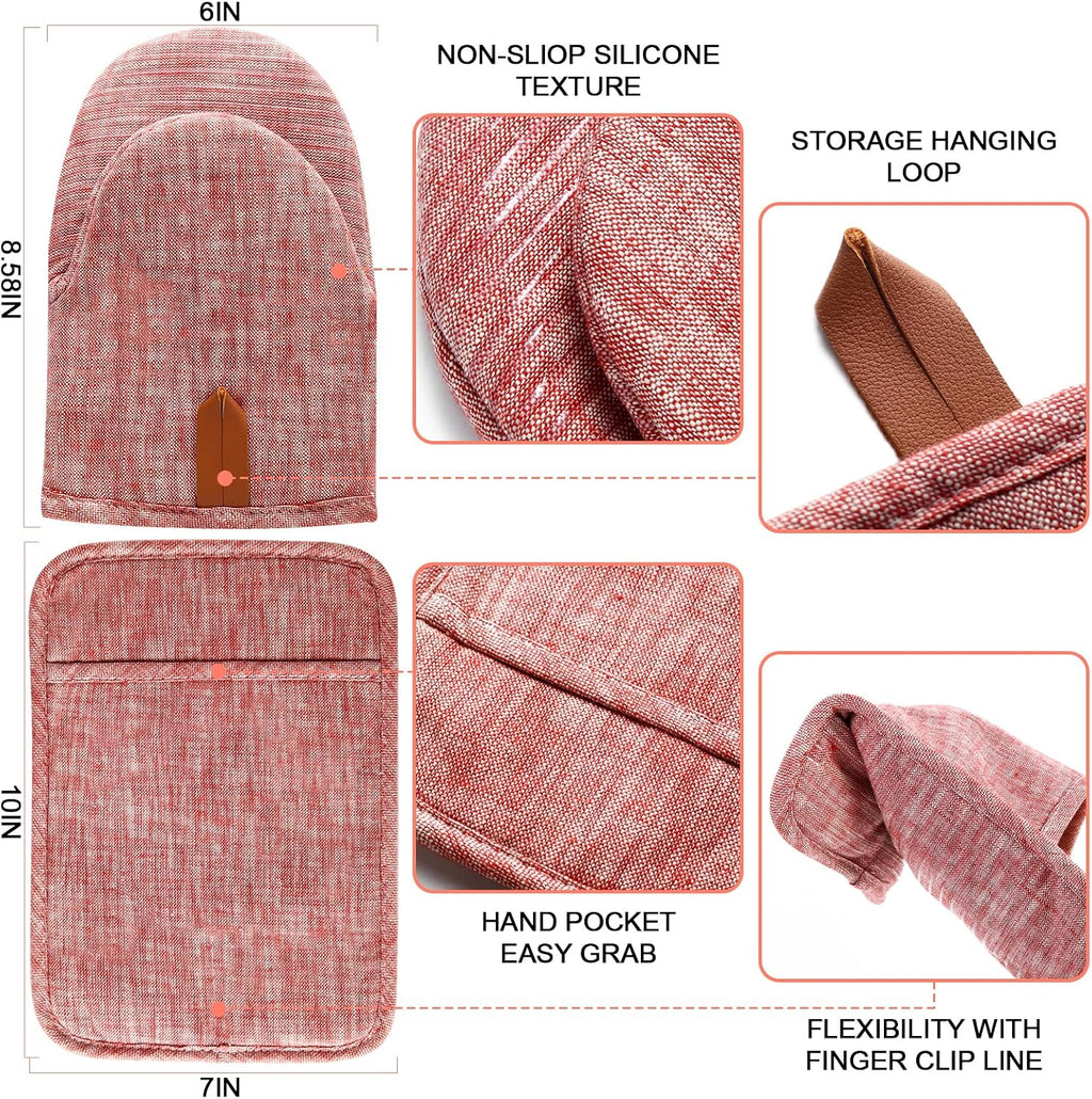 4Pcs Heat Resistant Oven Mitts & Potholders (Up to 500°F), Flexible