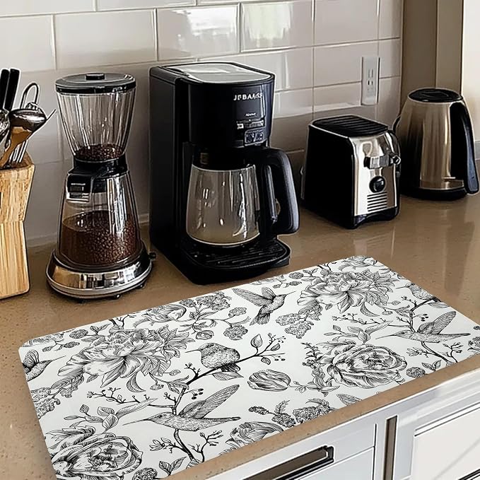 Black and White Floral Hummingbird Dish Drying Mat, Vintage Botanical Coffee - Image 2