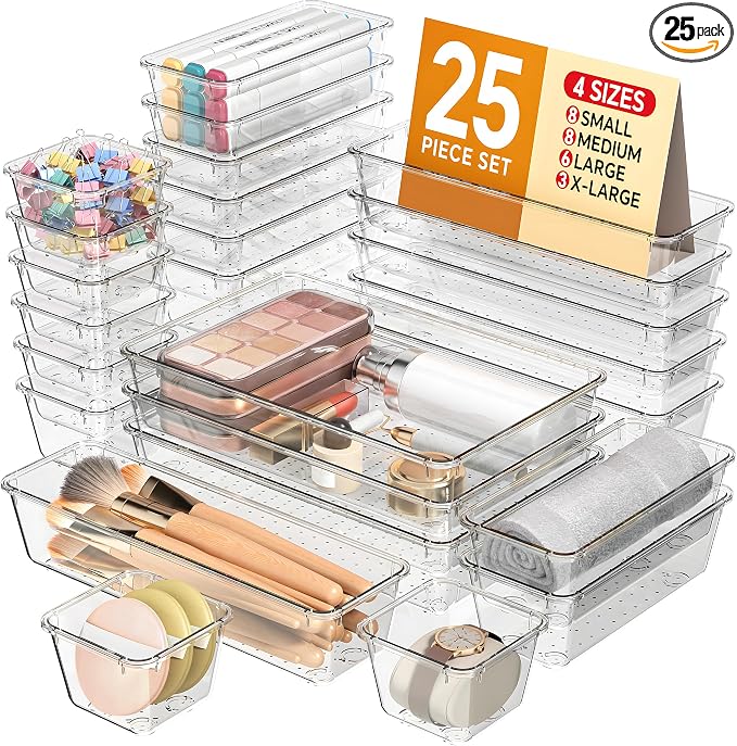 KEMETHY 25 PCS Plastic Drawer Organizers Set, 4 Sizes Vanity Organizer by KEMETHYFocusesonCreatingEfficientStorageProductswithQualityMaterials