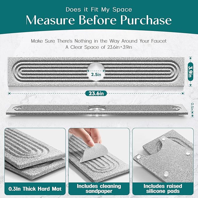 Stone Kitchen Sink Faucet Mat, Premium Upgraded Diatomite Drying Stone Mat & - Image 6