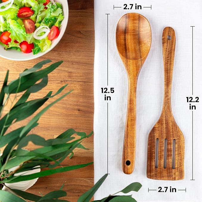 Zulay Kitchen Teak Wood Utensil Set – 2 Piece Large Wooden Cooking Spoon and - Image 2