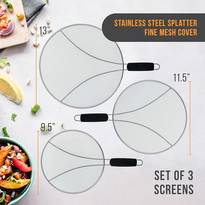 U.S. Kitchen Supply 3-Piece Stainless Steel Splatter Guard Set Fine Mesh Cover - Image 2