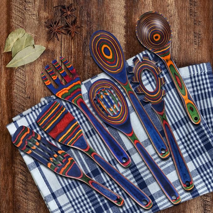 MYRAINBOW Wooden Spoons for Cooking – 7 Piece Pakkawood Kitchen Utensils Set - Image 5