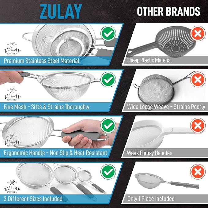 Zulay Kitchen Premium Stainless Steel Fine Mesh Strainer Set - Image 7