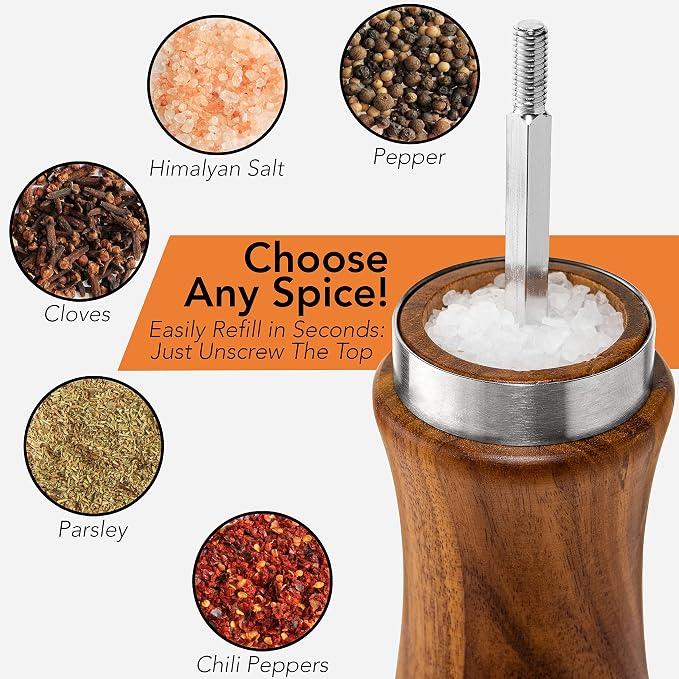 Gennua Kitchen Wooden Salt and Pepper Grinder Set: Refillable Salt & Pepper - Image 4