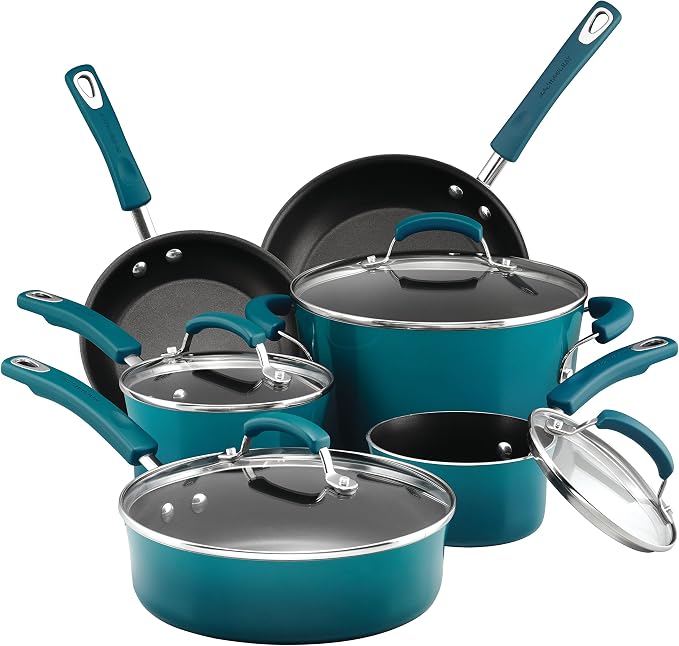 Rachael Ray Brights Nonstick Cookware Pots and Pans Set, 10 Piece, Marine Blue by RachaelRayKitchenware