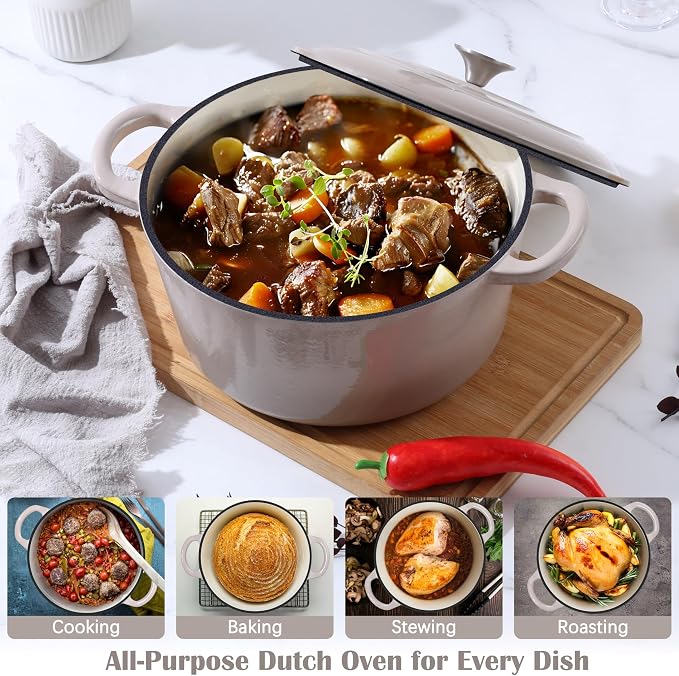 E-far Enameled Dutch Oven Pot for Bread Baking, 6QT Enameled Cast Iron Cookware - Image 4