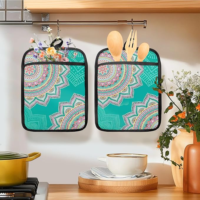 Turquoise Abstract Mandala Floral Pot Holders - Image 2