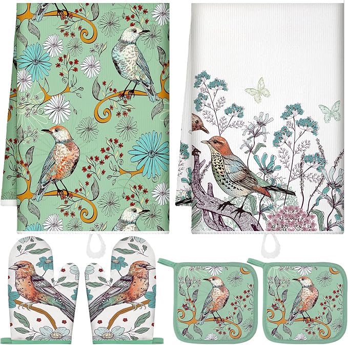 Leinuosen 6 Bird Flower Kitchen Towels Kitchen Decor and Accessories Set Floral by Leinuosen