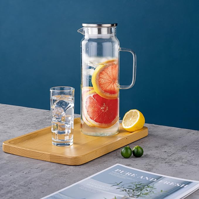 Set of 2 Glass Pitcher with Lid, 2 Quart Leak Proof, Glass Water Jugs, - Image 3