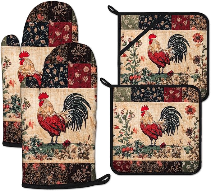 Rustic Rooster Oven Mitts and Pot Holders Sets Heat Resistant 4Pcs Potholders by ANTJOO