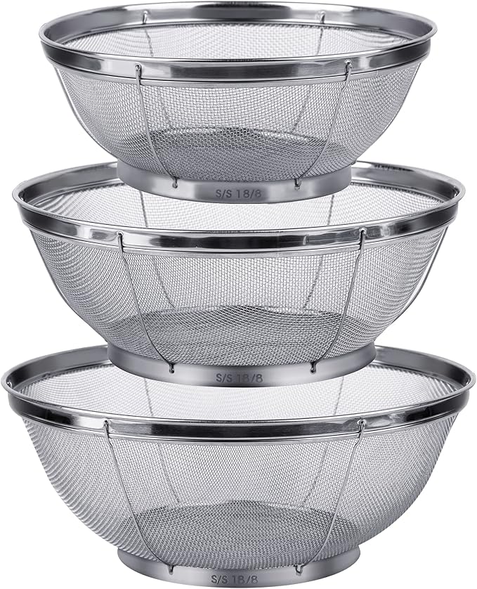 3 Pack Strainers for Kitchen, 18/8 Stainless Steel Colander, Fine Mesh Strainer by Tiawudi