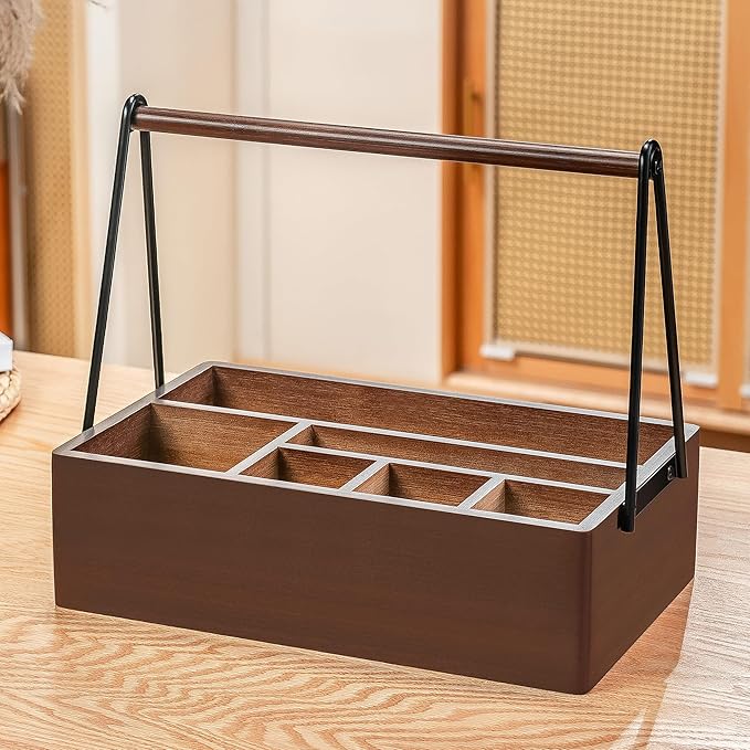 PTSTING Silverware Caddy with Handle Acacia Wood Utensil Holder Paper Plate - Image 6