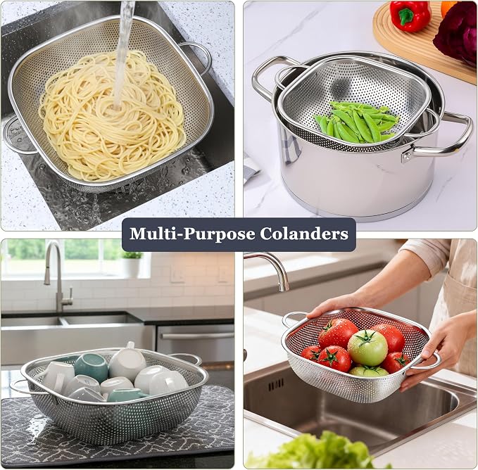 E-far 3 Pack Colander for Kitchen, Square Stainless Steel Metal Strainer - Image 4