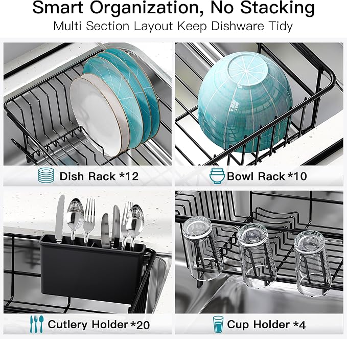 Dish Drying Rack Over the Sink In Stainless Steel Black Expandable Drainer - Image 7