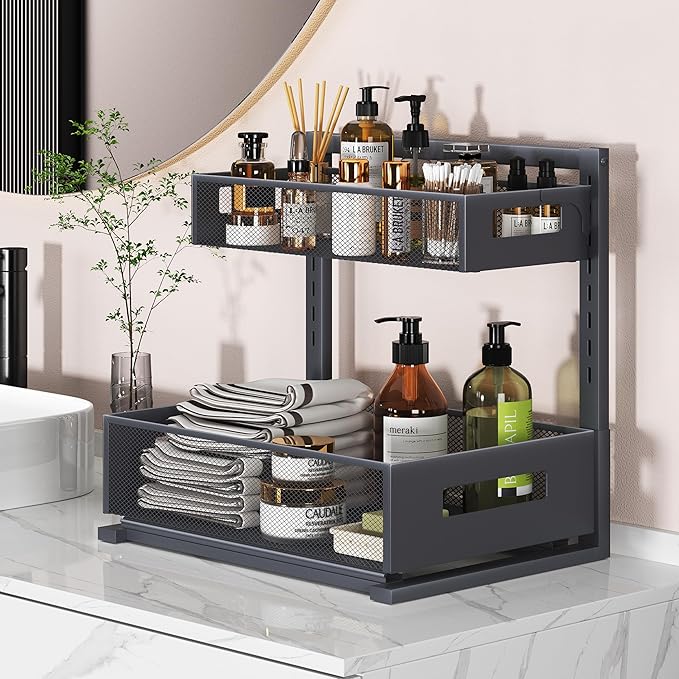 Petiza Under Sink Organizer Pull Out Cabinet Organizer Adjustable Height 2 Tier - Image 3
