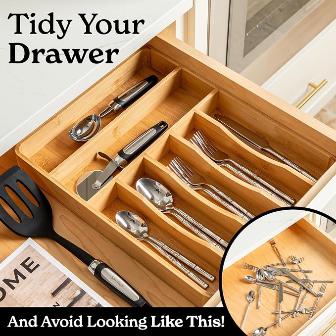 SMIRLY Silverware Drawer Organizer – Bamboo Kitchen Drawer Organizer, - Image 8