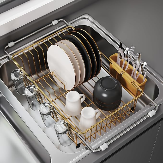 JASIWAY Gold in Sink Dish Drying Rack, Expandable Stainless Steel Small Dish by JASIWAY