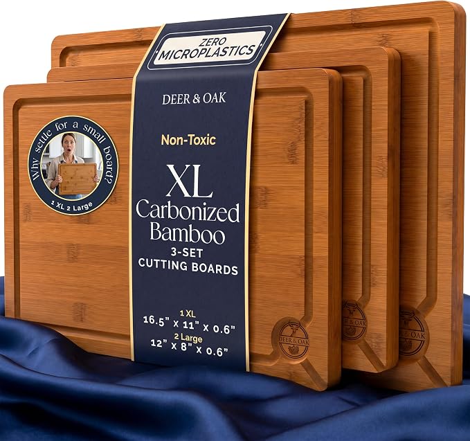 Pre-Oiled, Non Toxic 3-Piece Carbonized Bamboo Cutting Board Set, 500°F by DeerOak