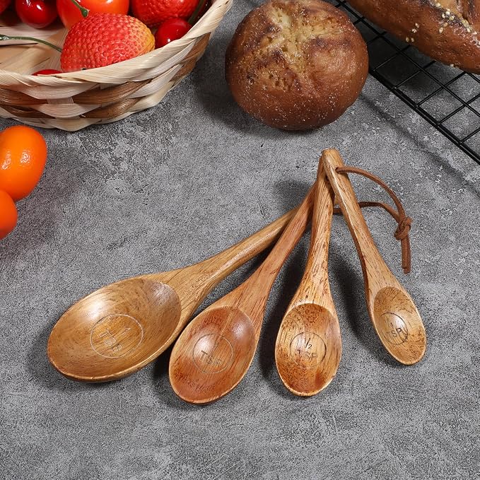 Set of 4 Wooden Measuring Spoons Measuring Spoons Cups Baking Utensil Natural - Image 4