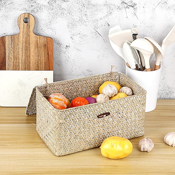 Sumnacon Wicker Basket with Lid Rectangle Woven Baskets - Image 4