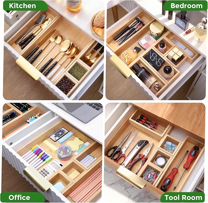 Bamboo Drawer Organizer Set, Junk Drawer Divider and Storage Trays Containers - Image 4