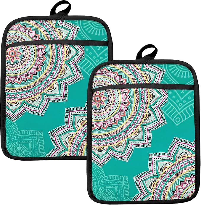Turquoise Abstract Mandala Floral Pot Holders by HUGANE