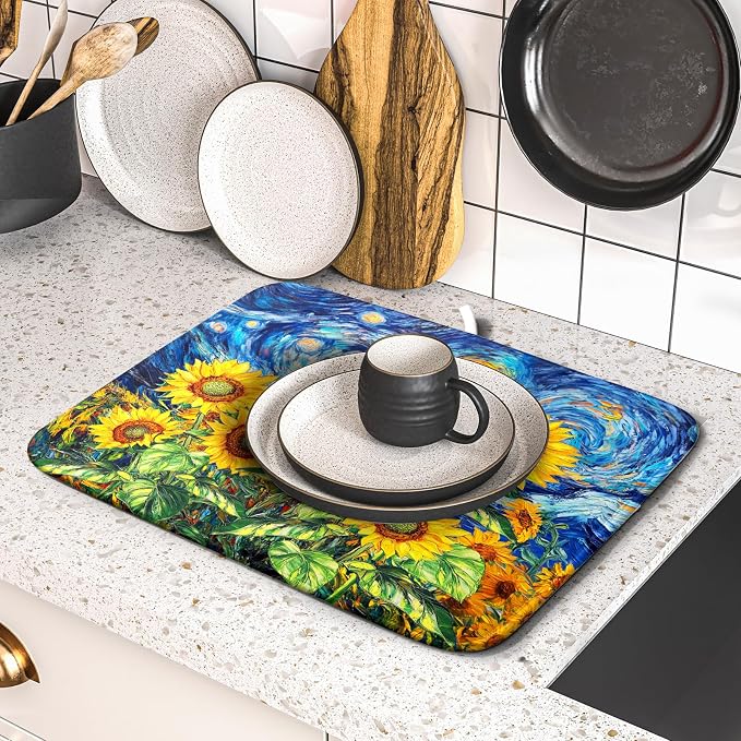 Sunflower Dish Drying Mat for Kitchen Counter 18x16 Inch Starry Night Drying Mat - Image 2