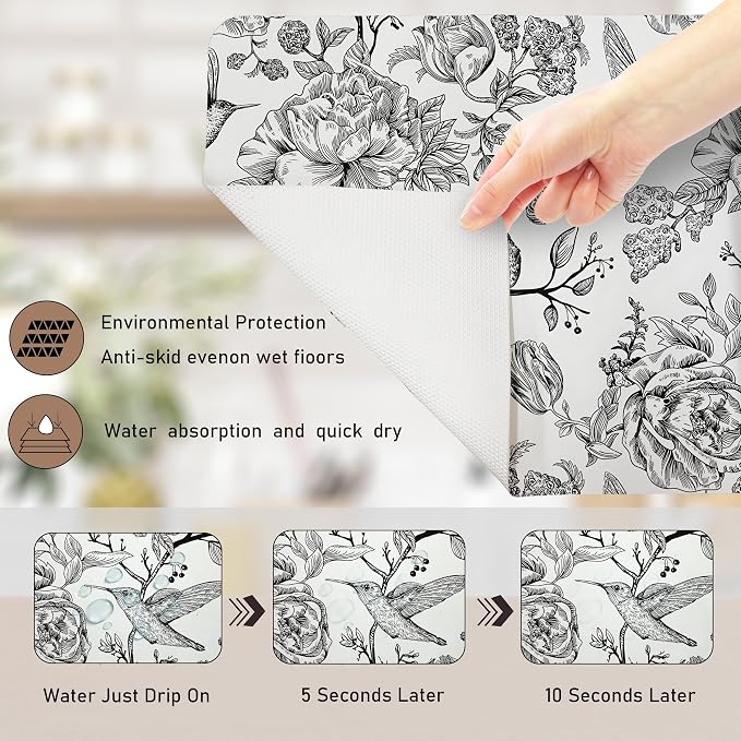 Black and White Floral Hummingbird Dish Drying Mat, Vintage Botanical Coffee - Image 7