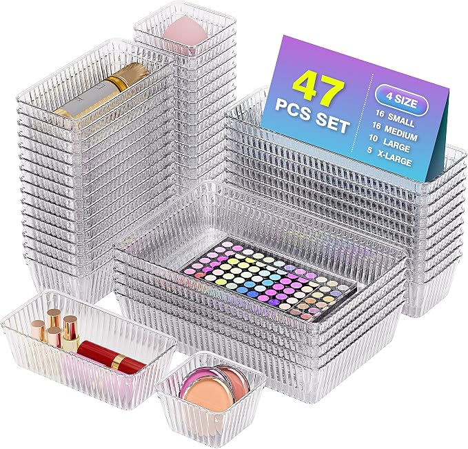 47 PCS Clear Plastic Drawer Organizer Set by Okylvve