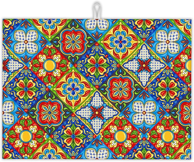 Mexican Tile Dish Drying Mat, Boho Tradicion Drying Rack Pad Countertop Dishes by UIUPRO