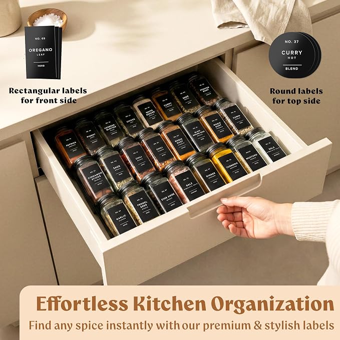 EDELHAUS Glass Spice Jars with Label and Black Aluminium Lids Spice Containers - Image 3