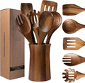 7 Piece Natural Acacia Wooden Kitchen Utensil Set by LEHAHA