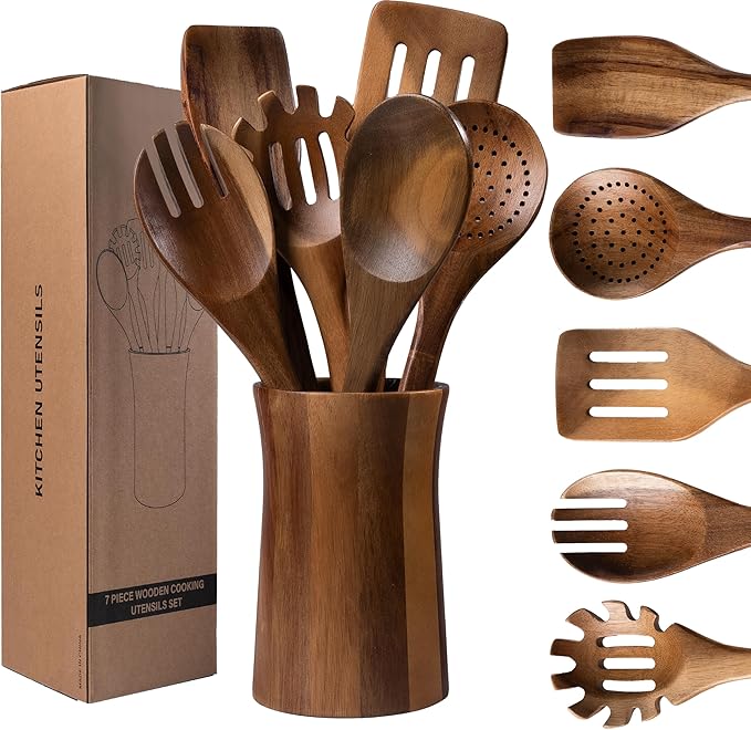 7 Piece Natural Acacia Wooden Kitchen Utensil Set by LEHAHA