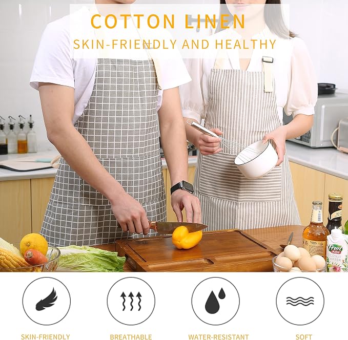 Tosewever 2 Pieces Kitchen Cooking Aprons, Waterproof Linen Adjustable Bib - Image 2