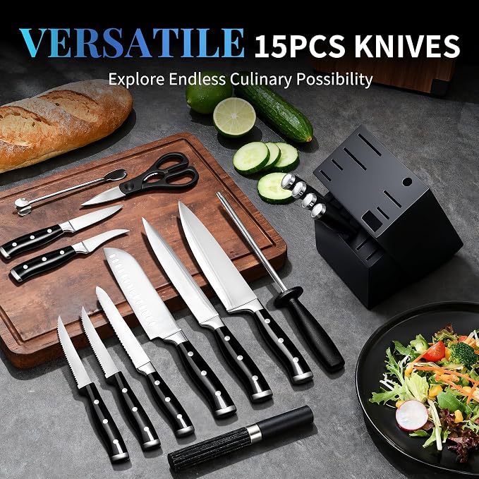 Knife Set, 15 Piece Premium Kitchen Knife Block Set, Razor-Sharp, High Carbon - Image 2