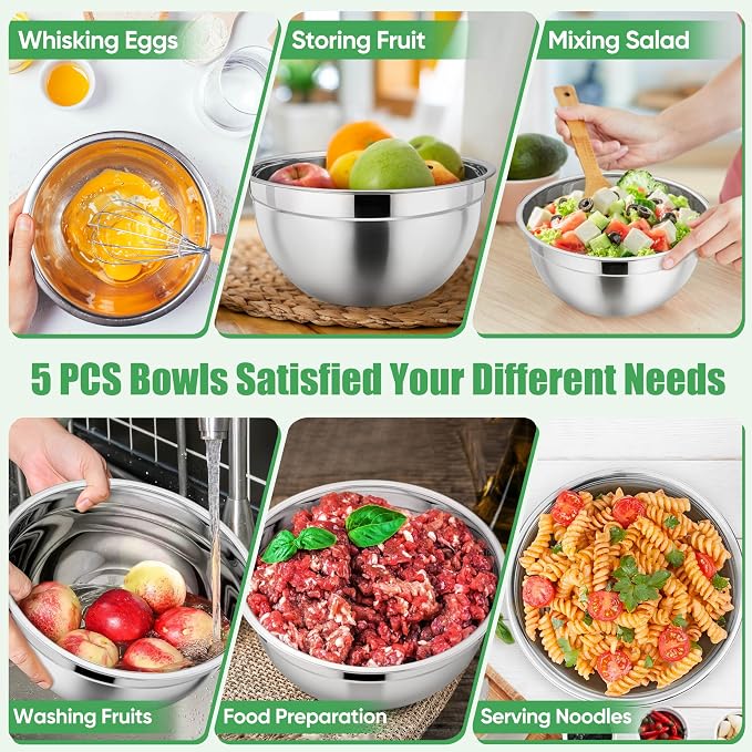 P&P CHEF Mixing Bowls with Airtight Lids Set of 5, 10-Piece Stainless Steel - Image 5