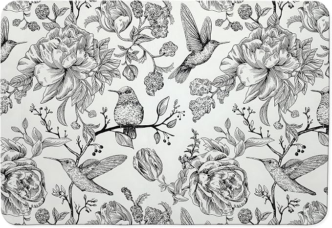 Black and White Floral Hummingbird Dish Drying Mat, Vintage Botanical Coffee by Unknown