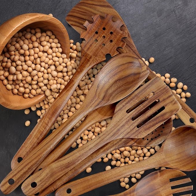 comfoyar Teak Wooden Spoons for Cooking, 9 Pieces Kitchen Cooking Utenails Set - Image 4